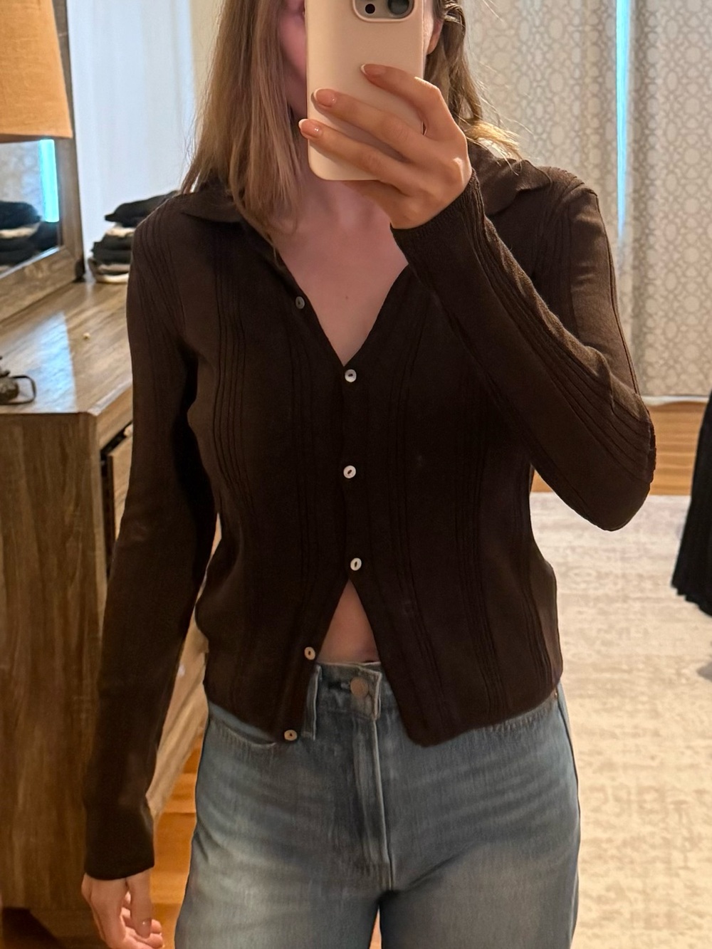 Zara Dark Brown Ribbed Button-Up Cardigan